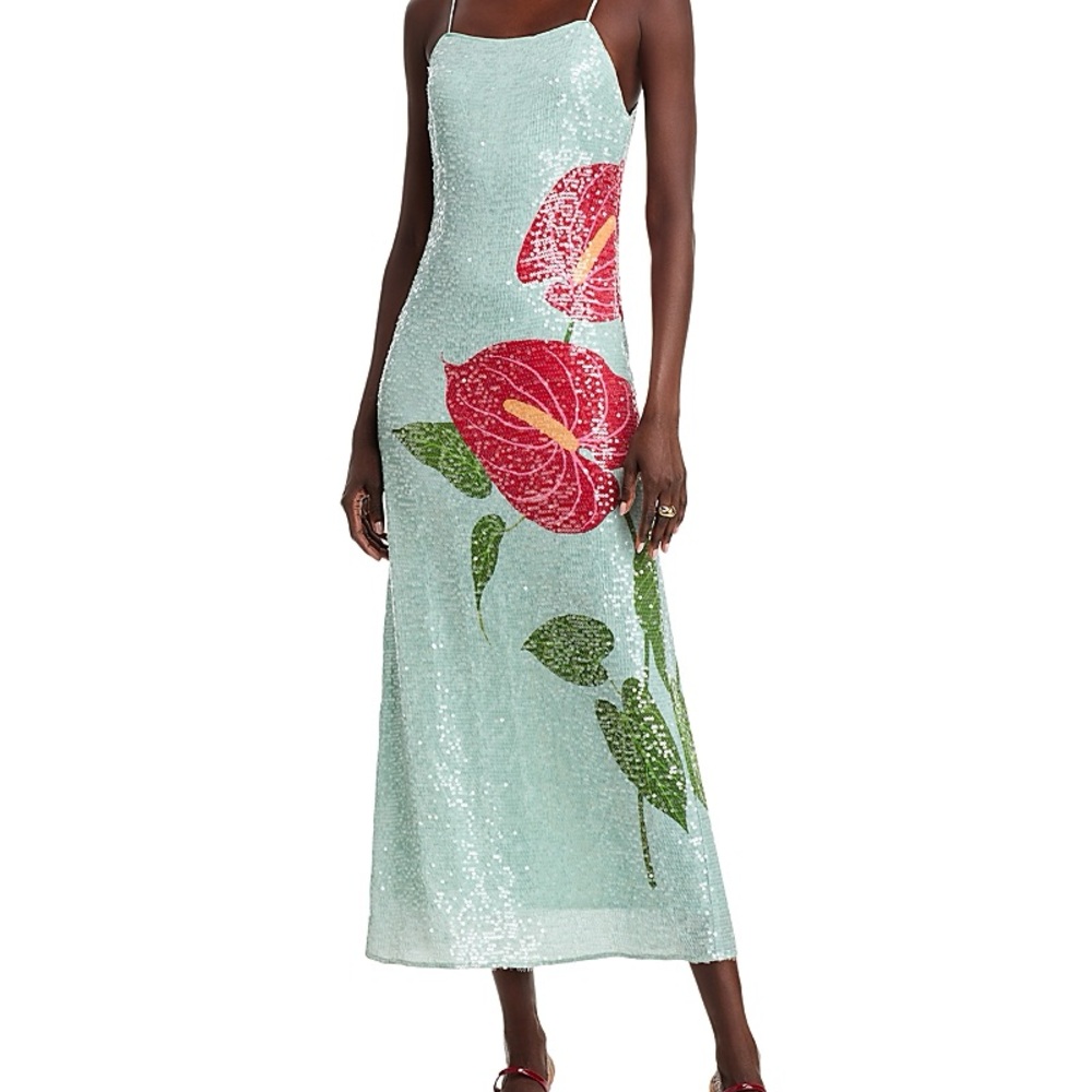 NEW WITH TAGS FARM Rio Sequin Dress with Pink and Green Floral Design